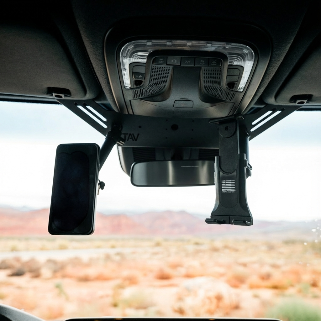 NAV-Mount V2 by cav mounted on sprinter van ceiling between sun visors with dual device holders bulletpoint mount arm backdrop scenic desert view.