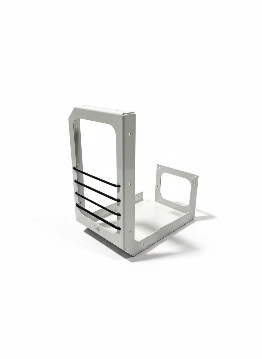 Ekko Cab Cubby storage unit with metal frame and black horizontal bars, shown against white background