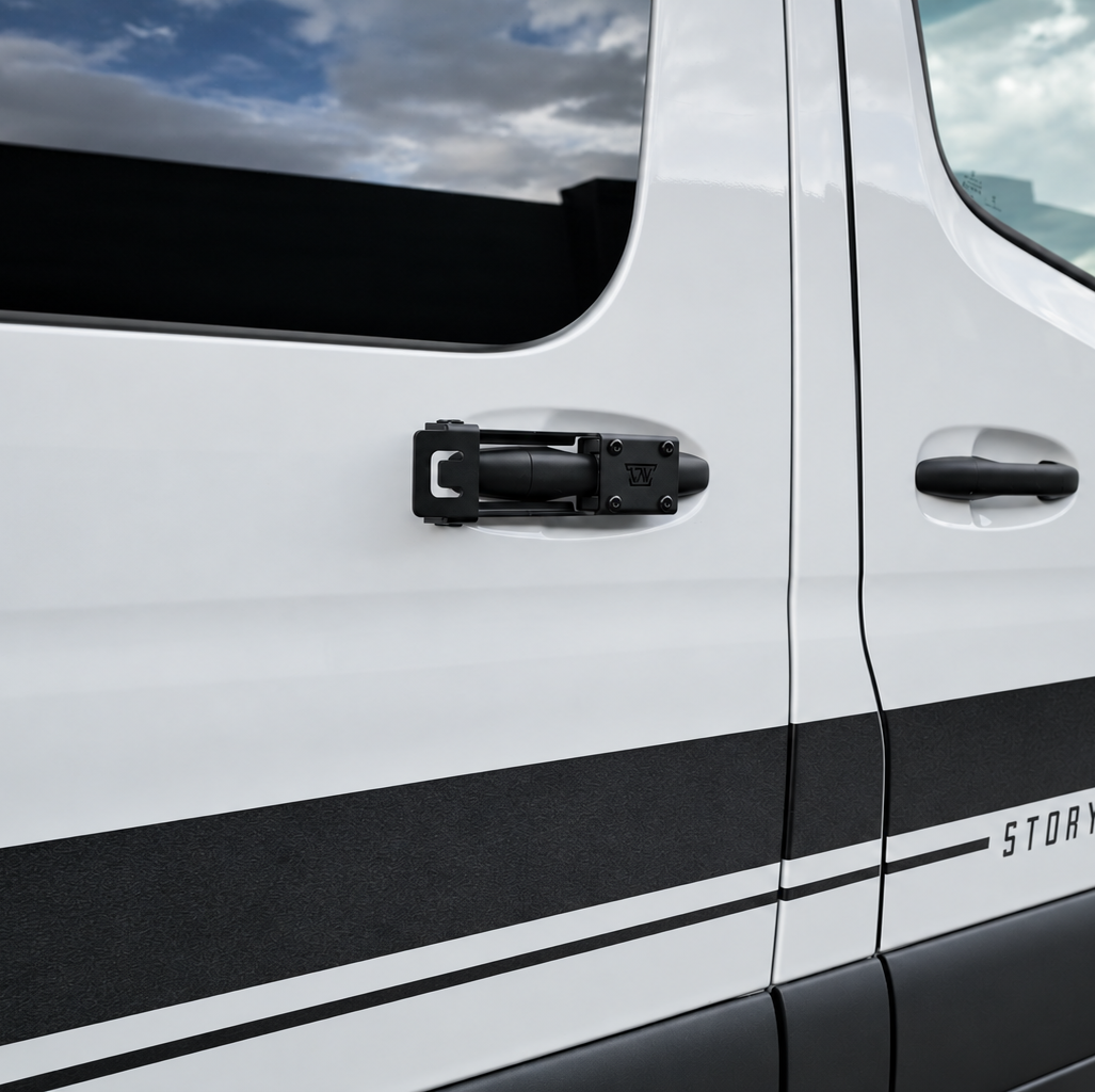 black aluminum powdercoated cav door handle extender attached to slider sliding door mercedes sprinter van
