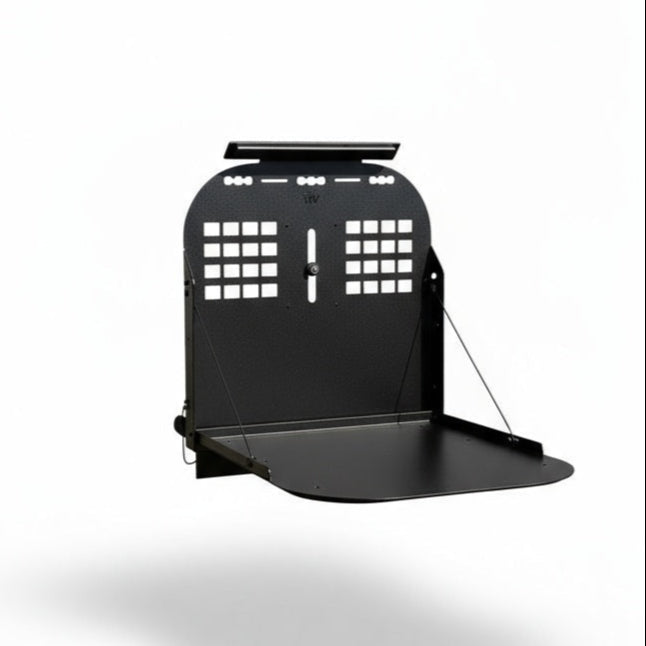 Canyon Tire Carrier Drop Table with powder-coated black finish mounted in folded-down position