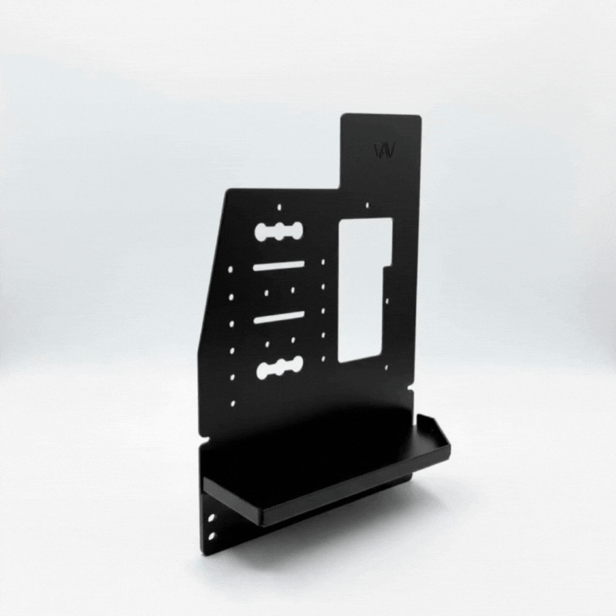 Canyon Kitchen Caddy for Storyteller van, wall-mounted black metal organizer with shelving.