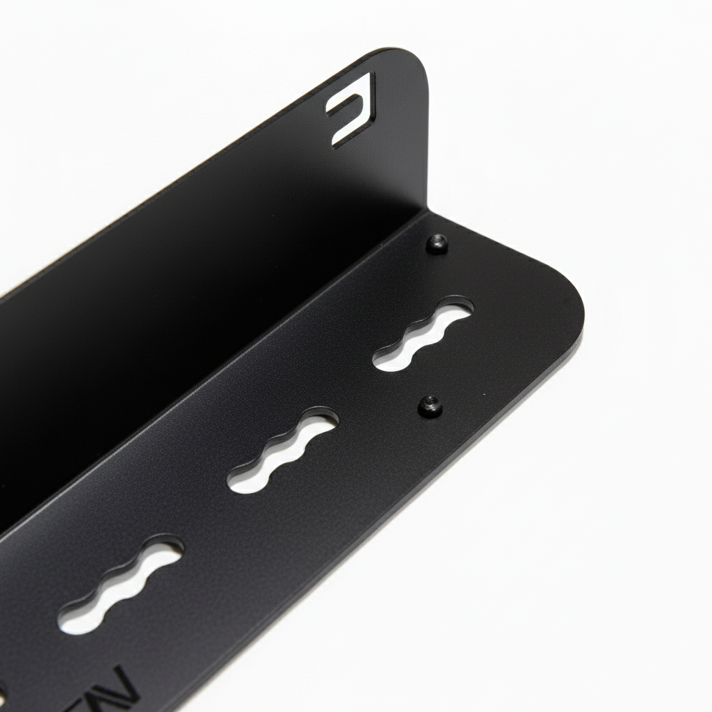 Close-up of black metal Revel outdoor utility shelf with slotted mounting holes.