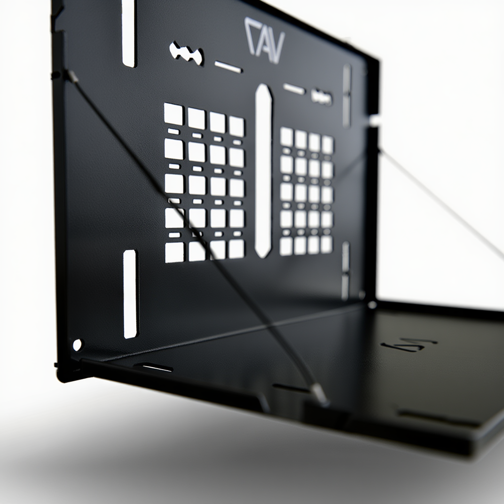 Ekko CAV drop-down table in black with cutout pattern, mounted to van wall with support cables