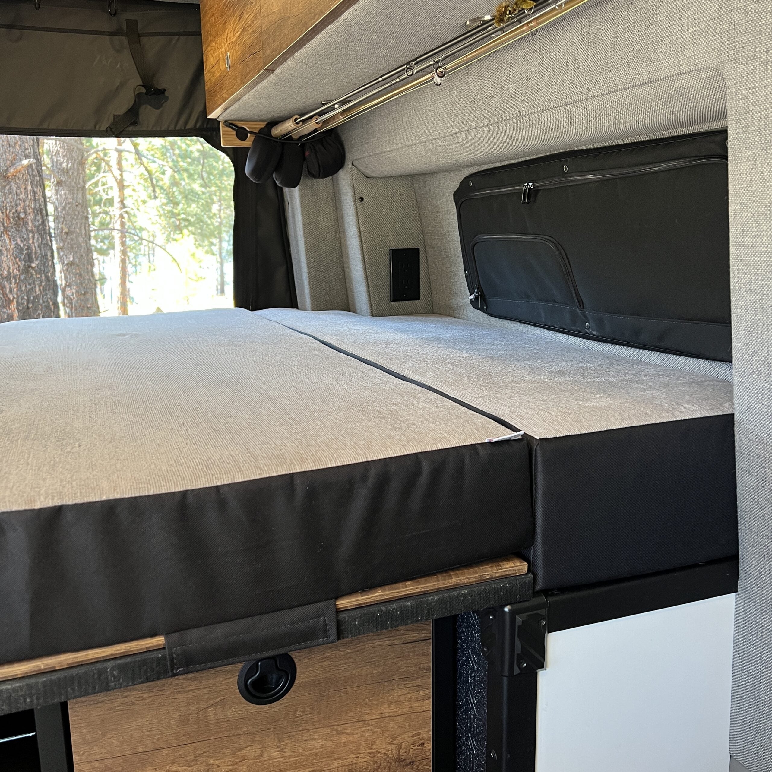 Luxe5 Cooling Memory Foam 5-inch mattress in a Storyteller MODE van interior, shown in semi firm setup.