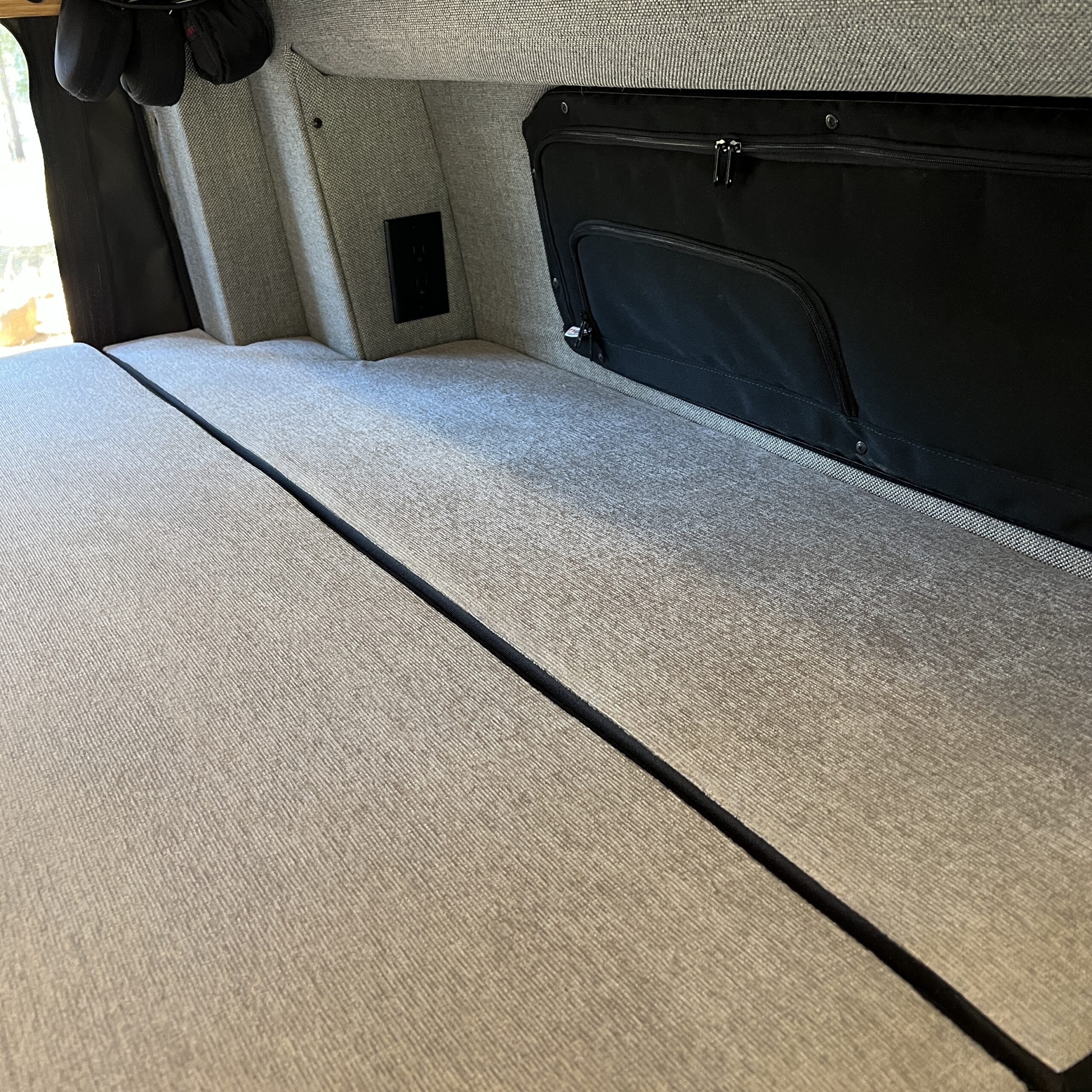 Luxe5 Cooling Memory Foam 5-inch mattress laid flat in van interior with gray fabric finish.