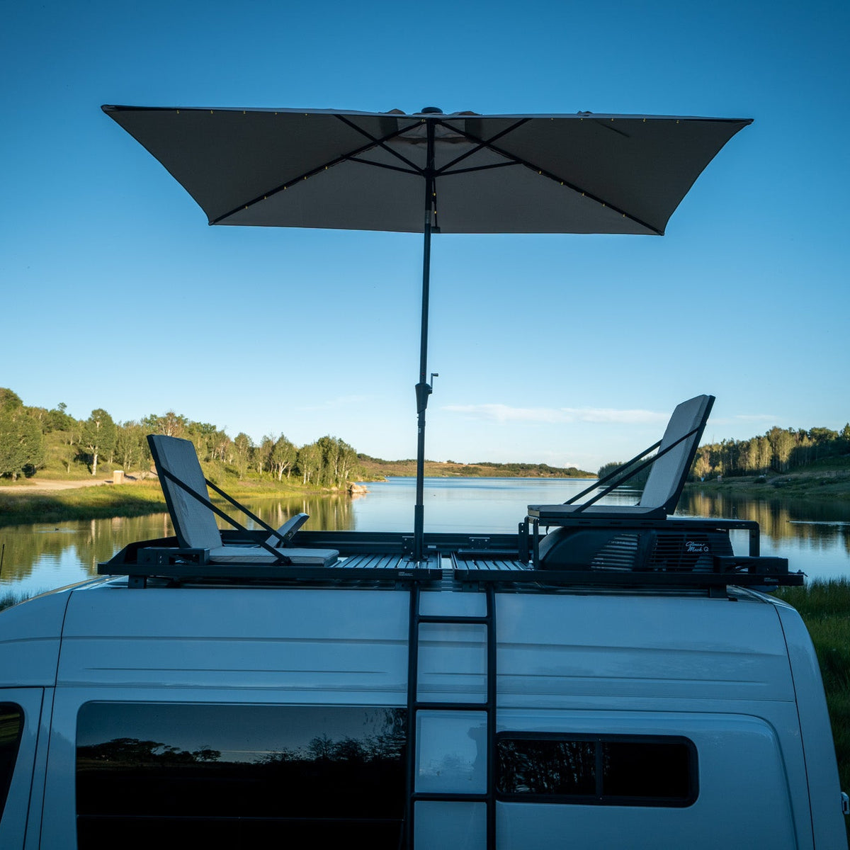 Storyteller Overland rooftop seating system mounted to front runner roof rack
