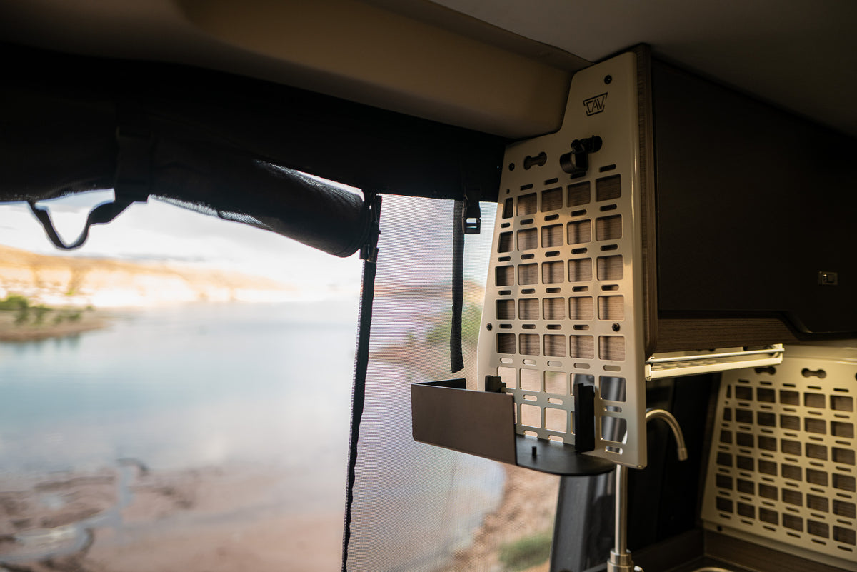 Kitchen Caddy MOLLE Panel for Jayco Terrain and Entegra Launch vans, offering customizable storage for hooks, shelves, spice racks and coffee accessories. Shown with the Keurig mini holder.