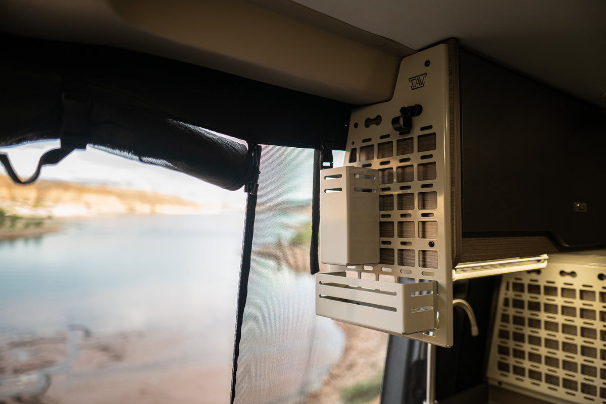 Canyon Adventure Vans Kitchen Caddy MOLLE storage panel with precision-cut openings, designed for Jayco Terrain and Entegra Launch camper vans.