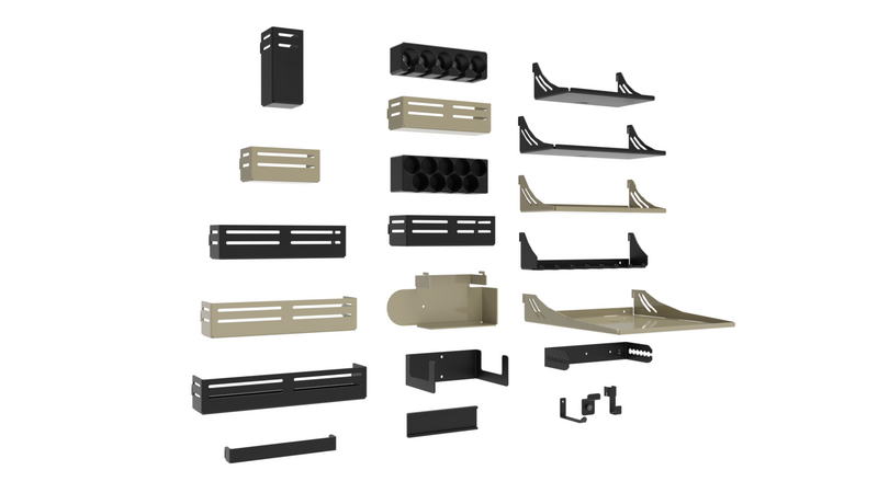 AV MOLLE Panel System accessories, shelves, paper towel holder, hooks for full modular storage setup