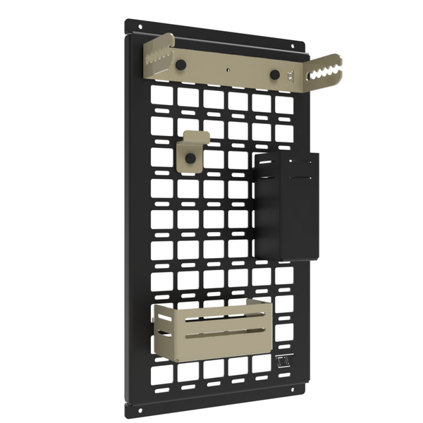 CAV modular MOLLE panel storage system with shelves and accessories