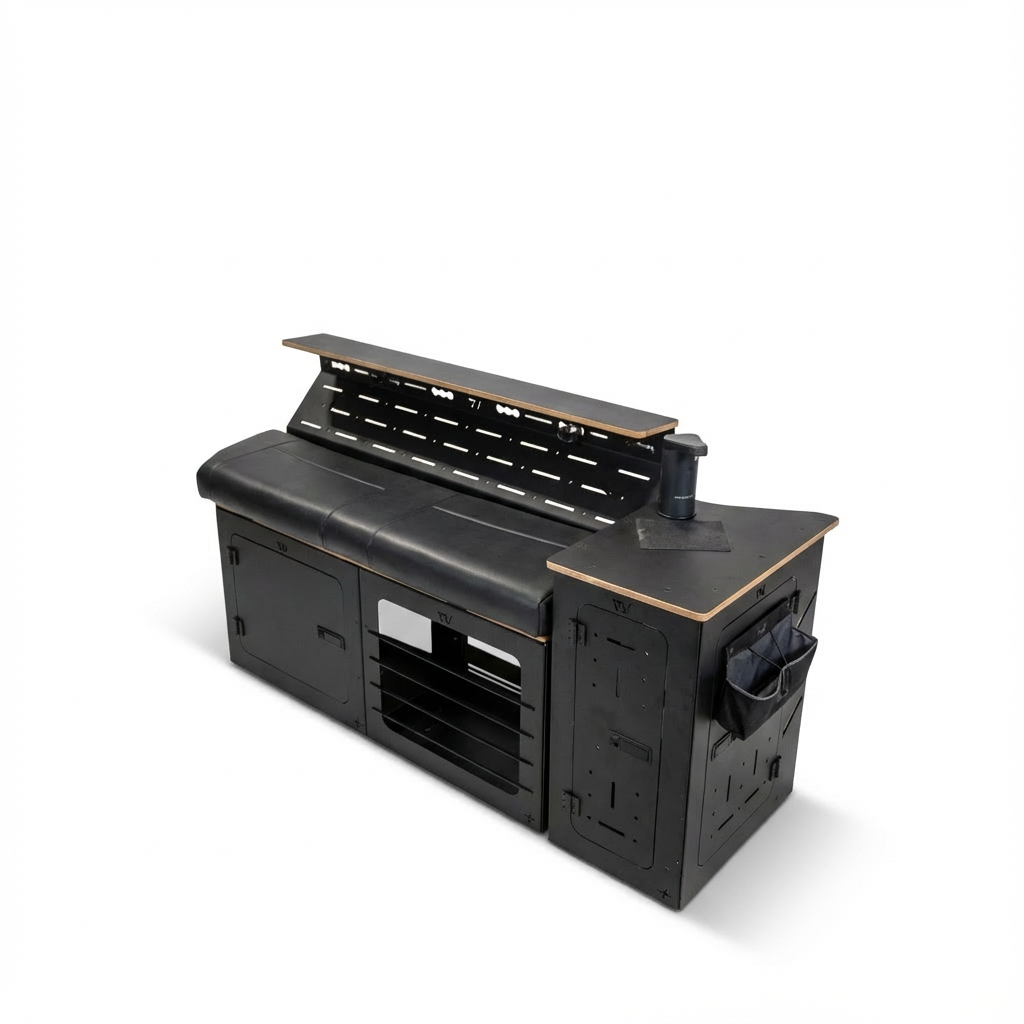 GLSS Passenger PRO seat with H2O box for Revel vans, featuring storage and black metal finish.