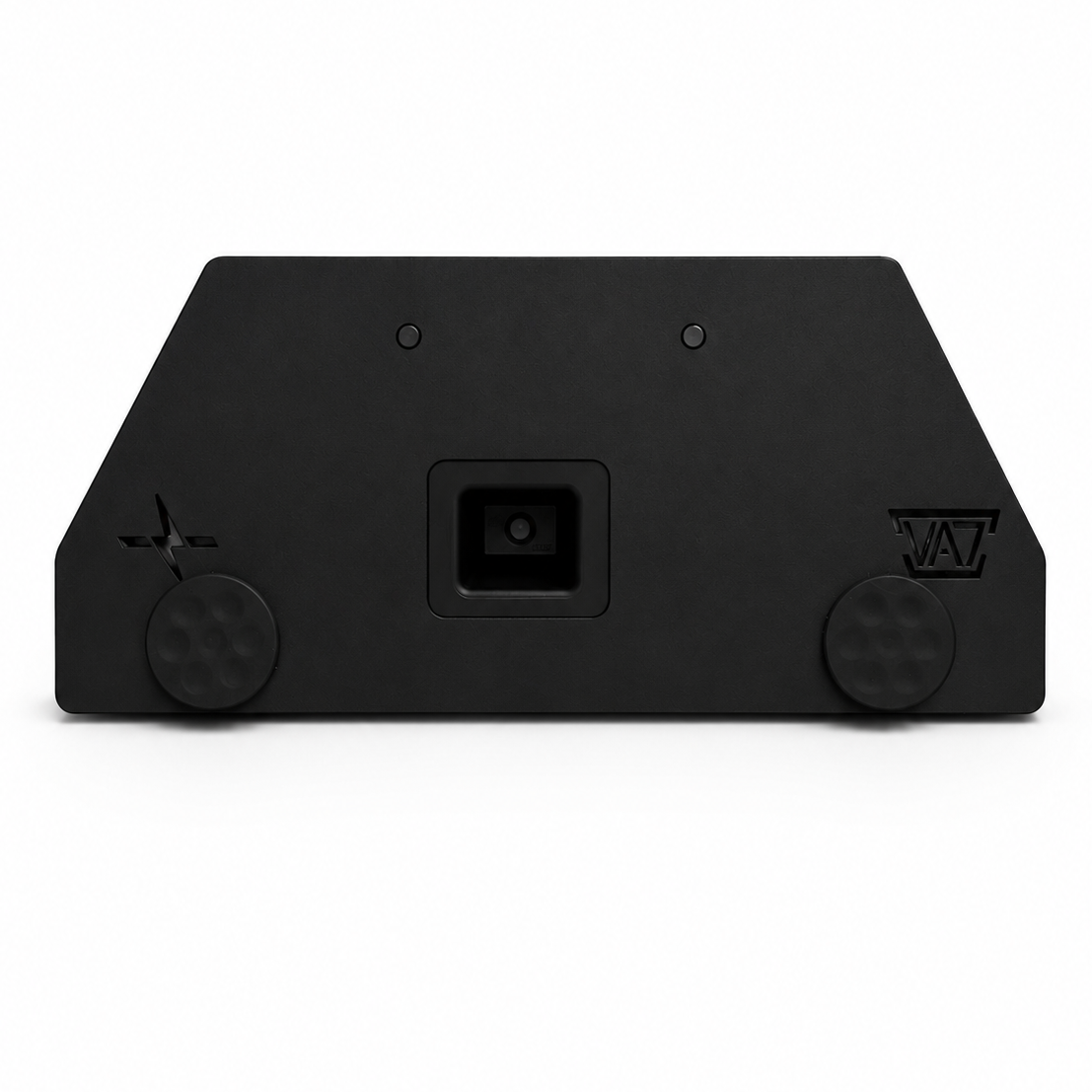 Black back panel of canyon solar motion sensor portable light with a central port with button, two circular rubberized magnets