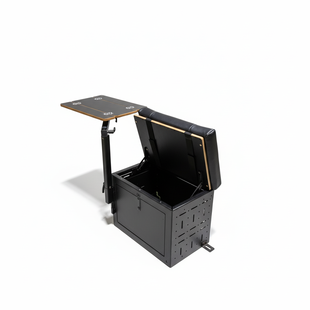 GLSS PRO drawer box with fold-out table and padded backrest for van interior storage and seating.