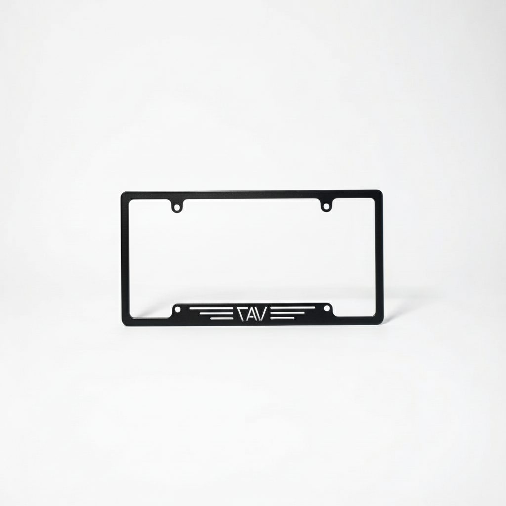 Black CAV license plate holder with minimalist logo design on white background