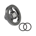 black circular bulletpoint magnetic phone mount with a ribbed outer edge and a cutout center, shown alongside two black O-rings 