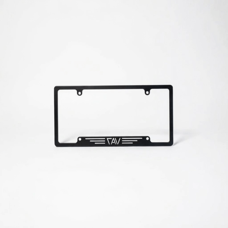 CAV license plate holder with minimalist black metal frame and CAV logo at the bottom center