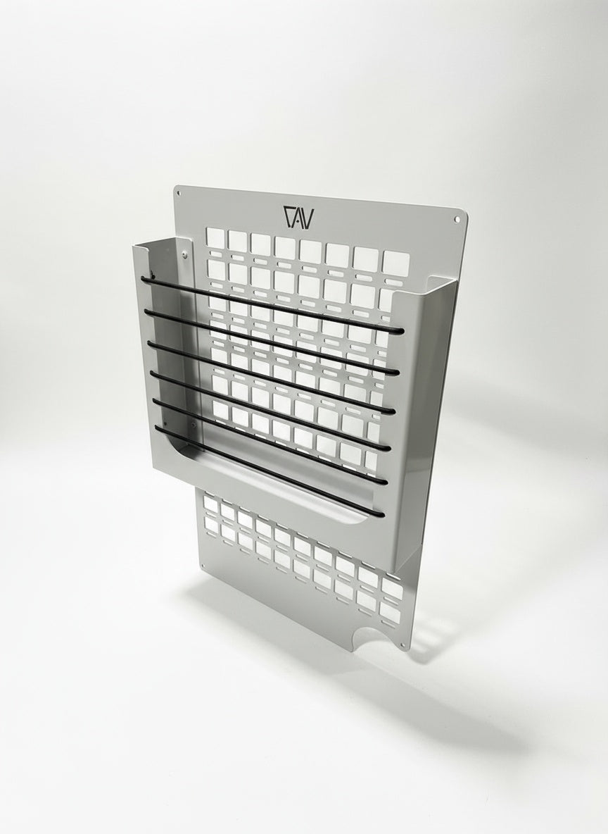beige CAV MOLLE Shelf System with grid panel and side storage basket and 6 bungees across, shown against a white background