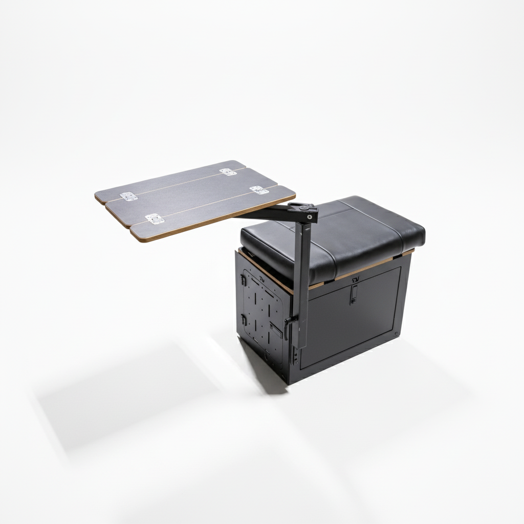 GLSS PRO drawer box with fold-out table extended, shown in a minimal van-ready setup.