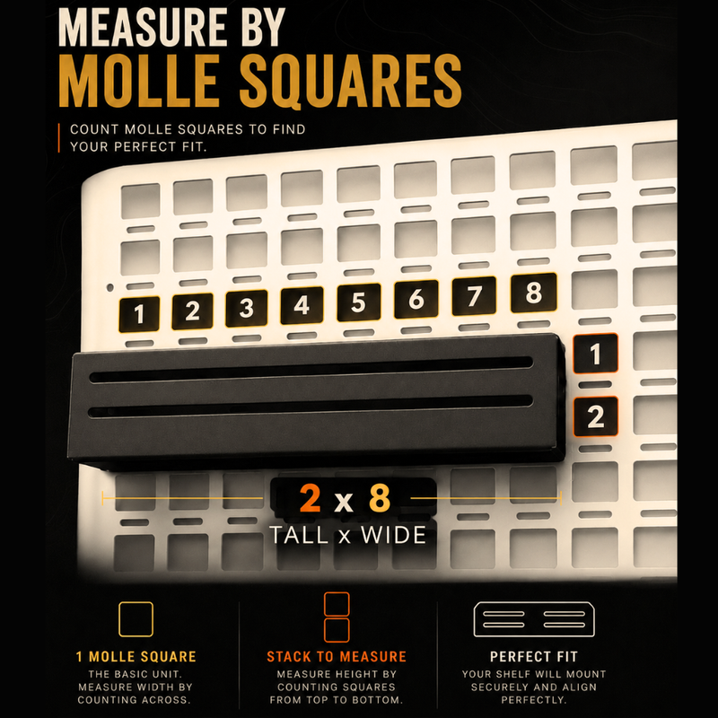 measure by molle panel squares count olle squares to find your perfect fit of molle shelf product. one molle square basic unit measure width by counting across. stack to measure height by counting squares top to batoom. 2 squares tall by 8 squares wide shown for molle shelf