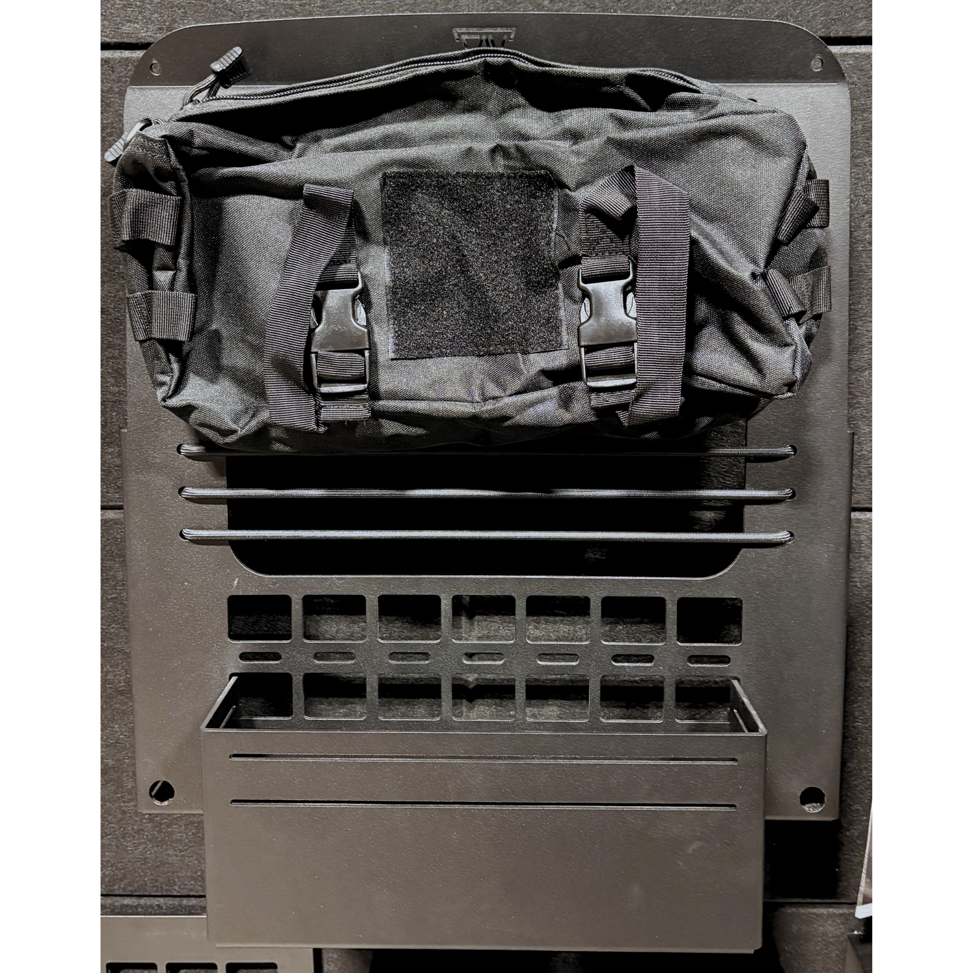 molle-bag-pouch-canyon adventure vans- front view black velcro patch buckles straps zipper