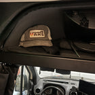 Headliner Shelf Bundle by Storyteller in Sprinter van with hat and storage items visible